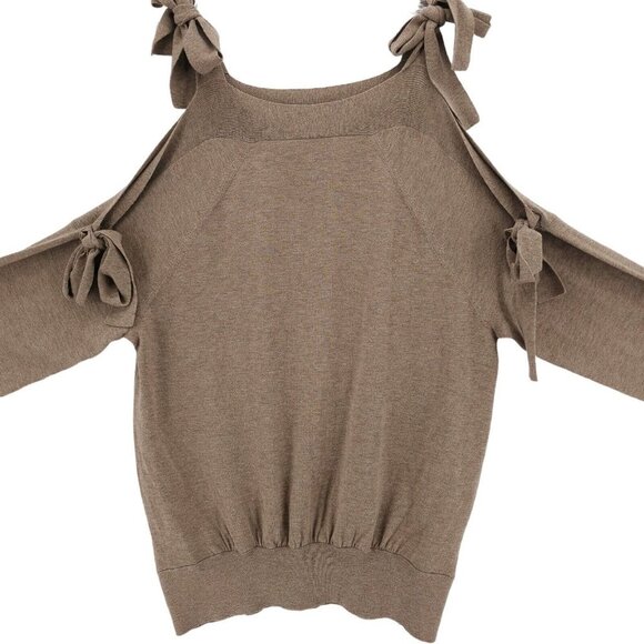 SEE BY CHLOE Cold Shoulder w/ Ties Sweater Olive Brown Merino Wool Blend SMALL - Picture 3 of 9